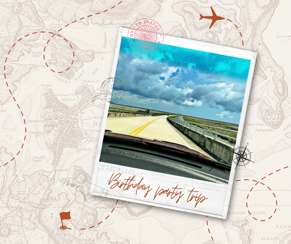 “Family on the move to Cedar Island Ranch for our epic camping birthday party OBX adventure (mosquitoes still unaware).”