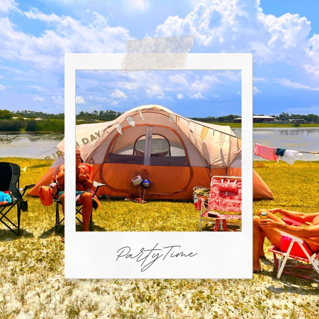 “Two camp legends – opa and husband – holding down the fort in front of our Cedar Island tent.”