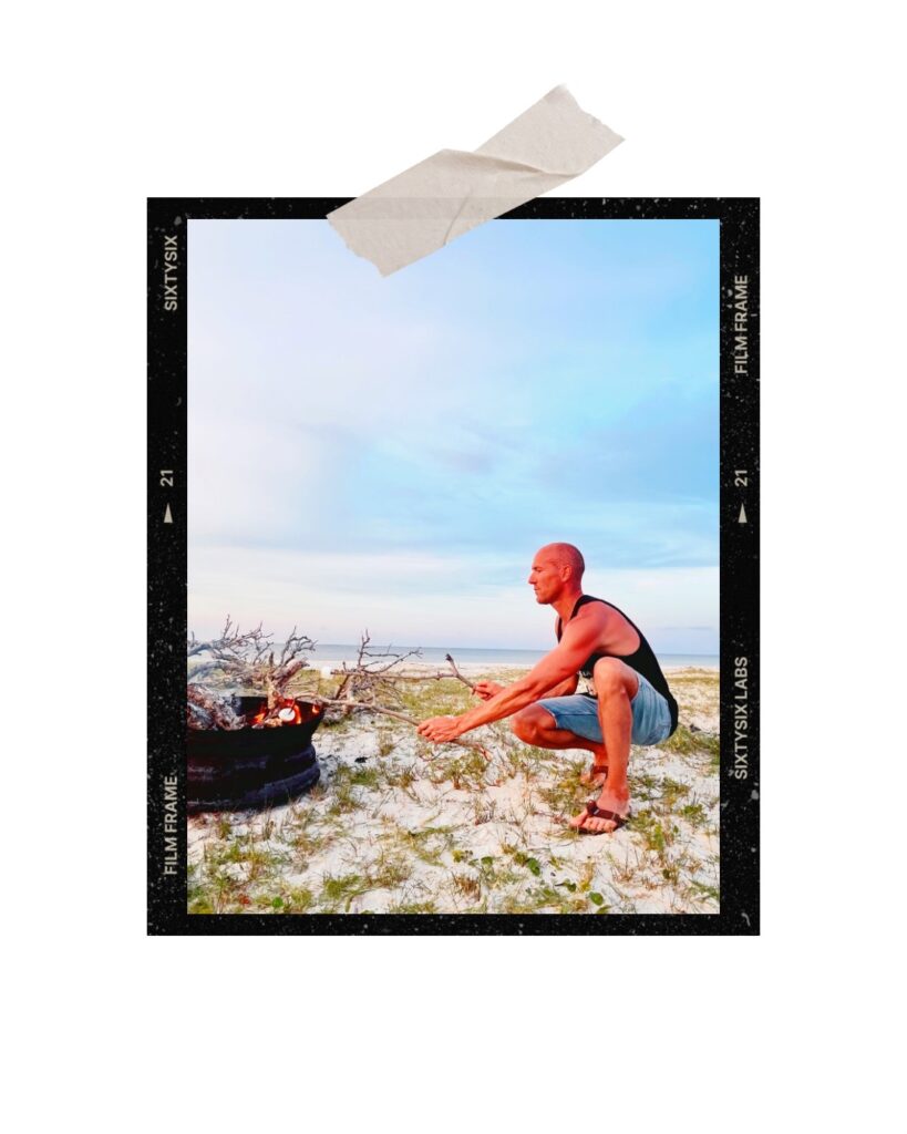 “Husband vs. marshmallow – campfire edition at our Cedar Island camping birthday party.”